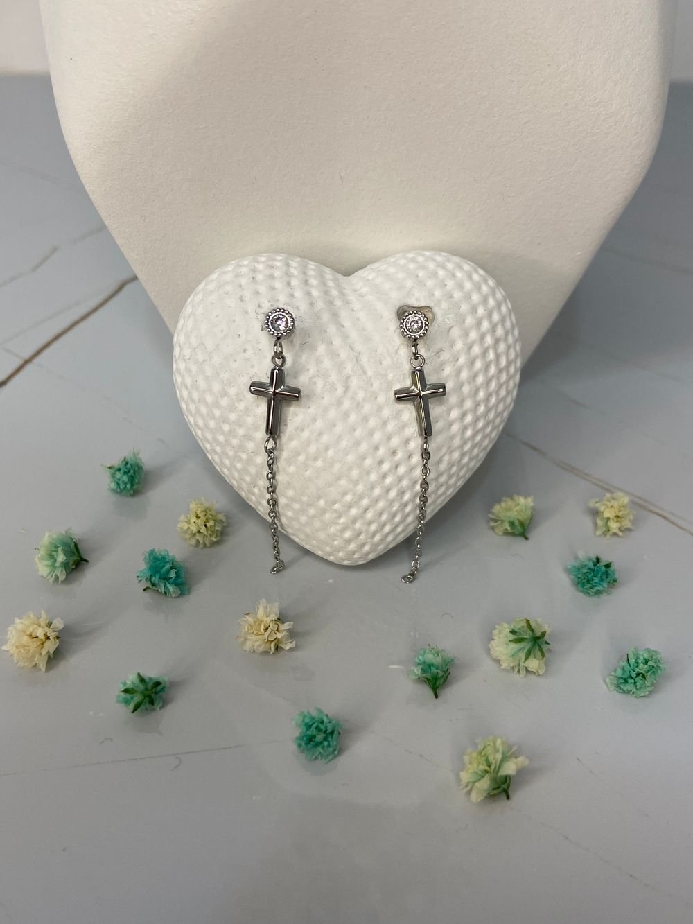 Aretes Cruz Cadena Brillante en acero inoxidable