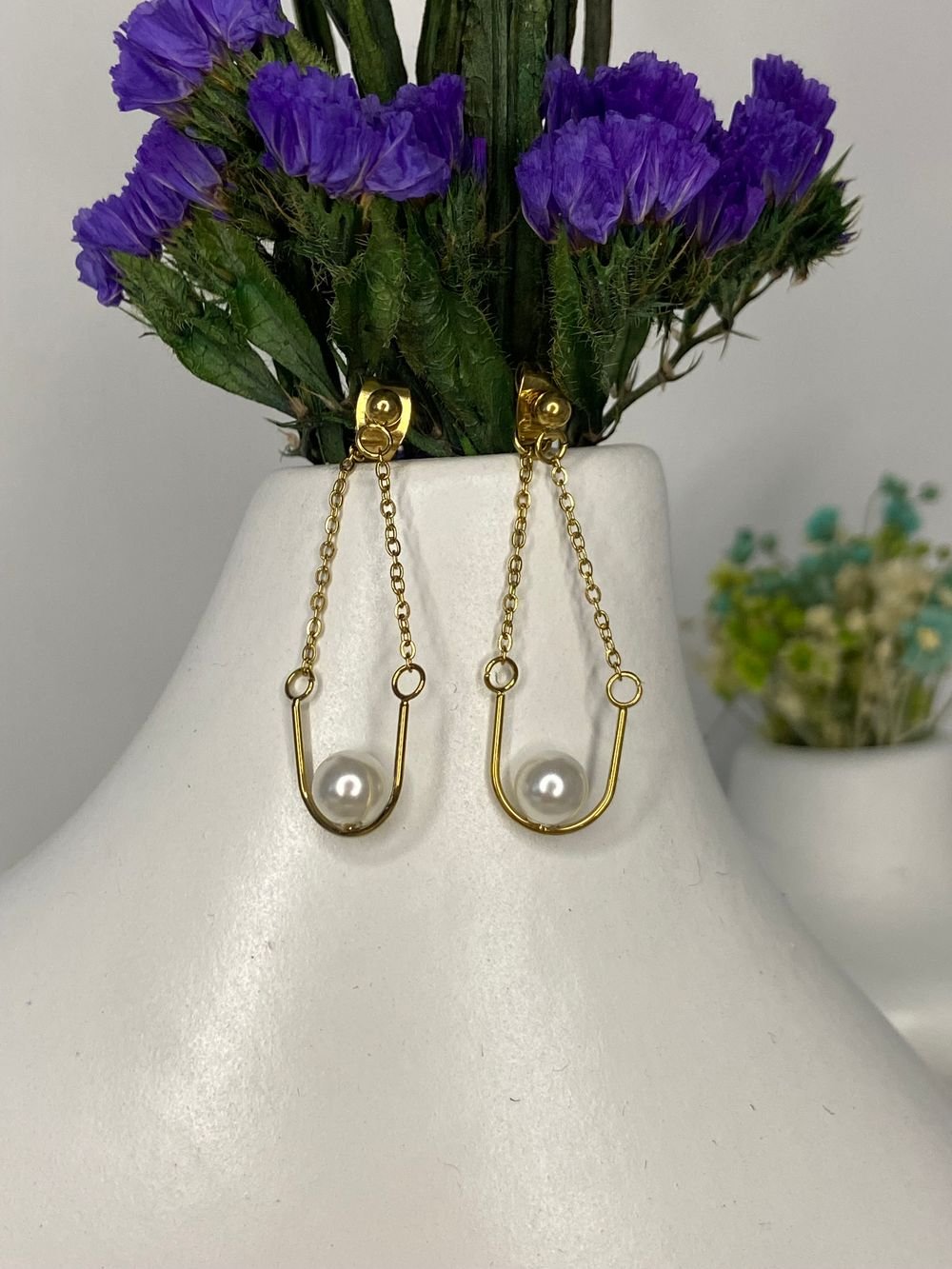 Aretes Perla Cadena Dorado en acero inoxidable