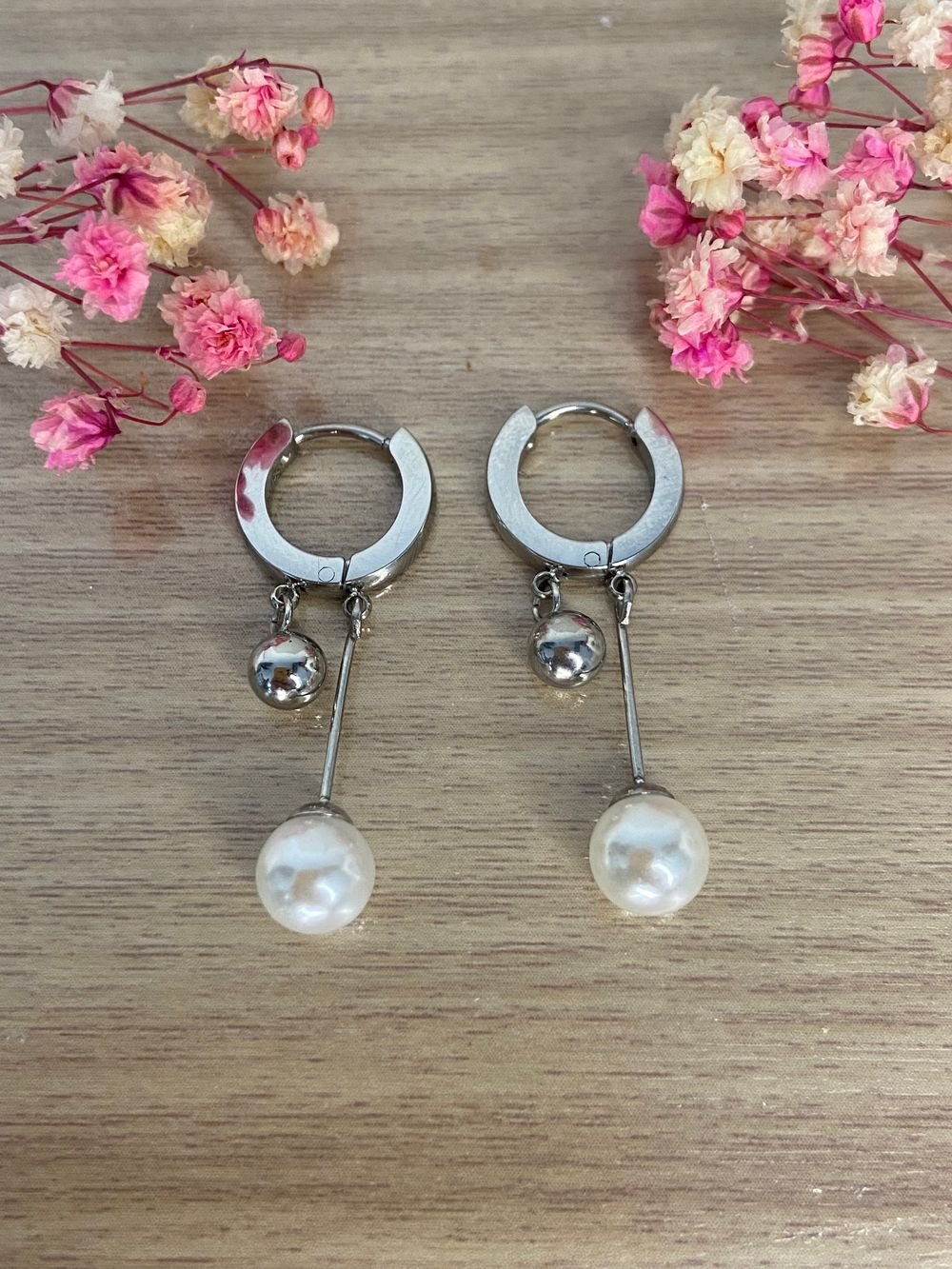 Aretes Perla Doble Plata en acero inoxidable