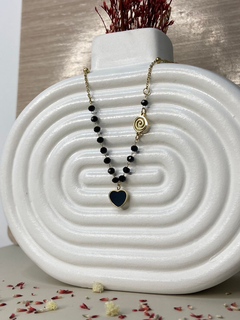 Collar Onyx Corazón y Espiral en acero inoxidable
