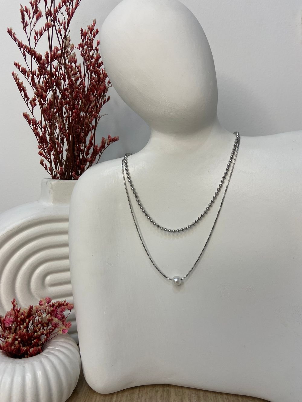 Collar Doble Esferas Perla en acero inoxidable