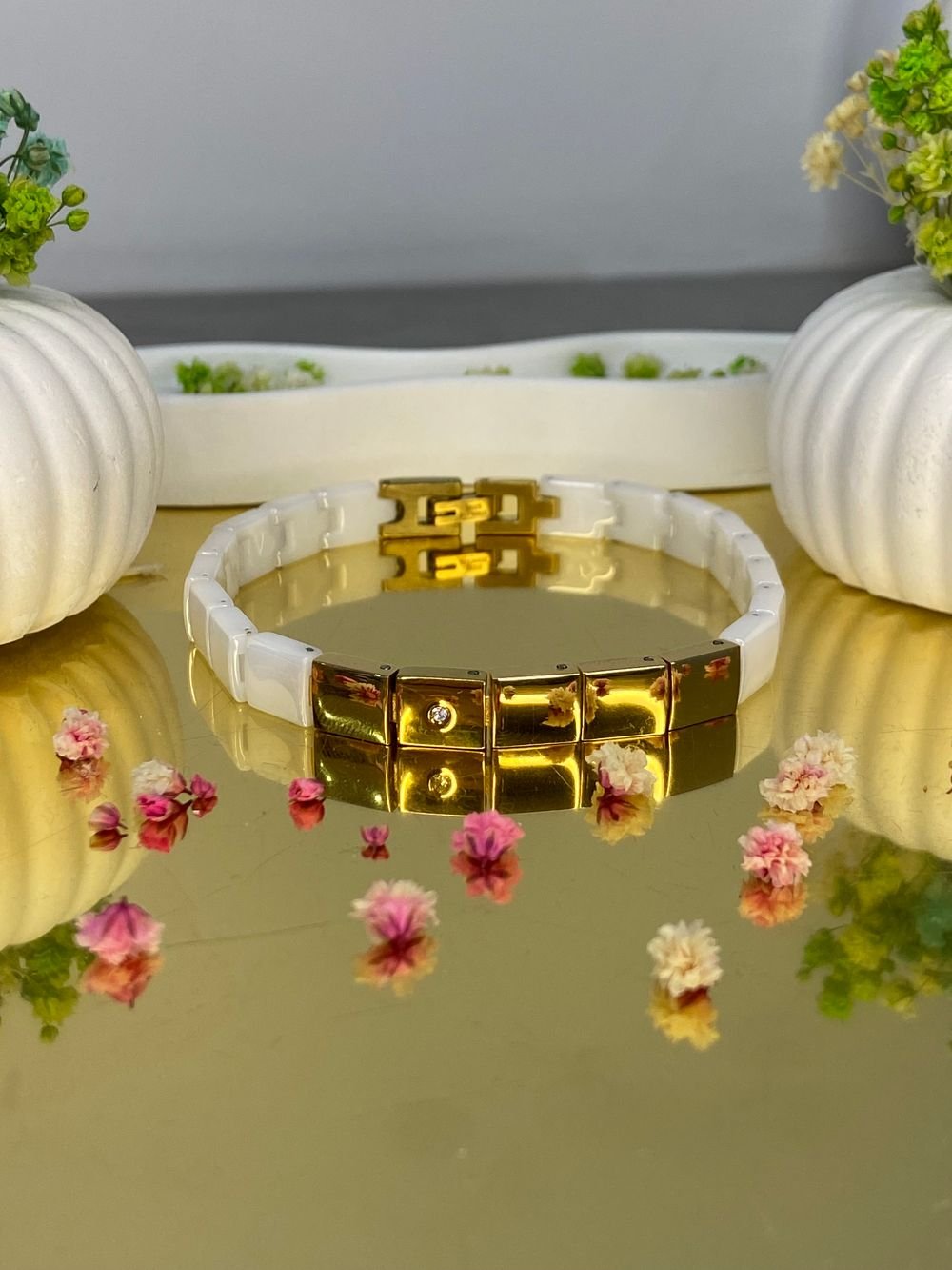 Pulsera Bloques Blanco Dorado en acero inoxidable