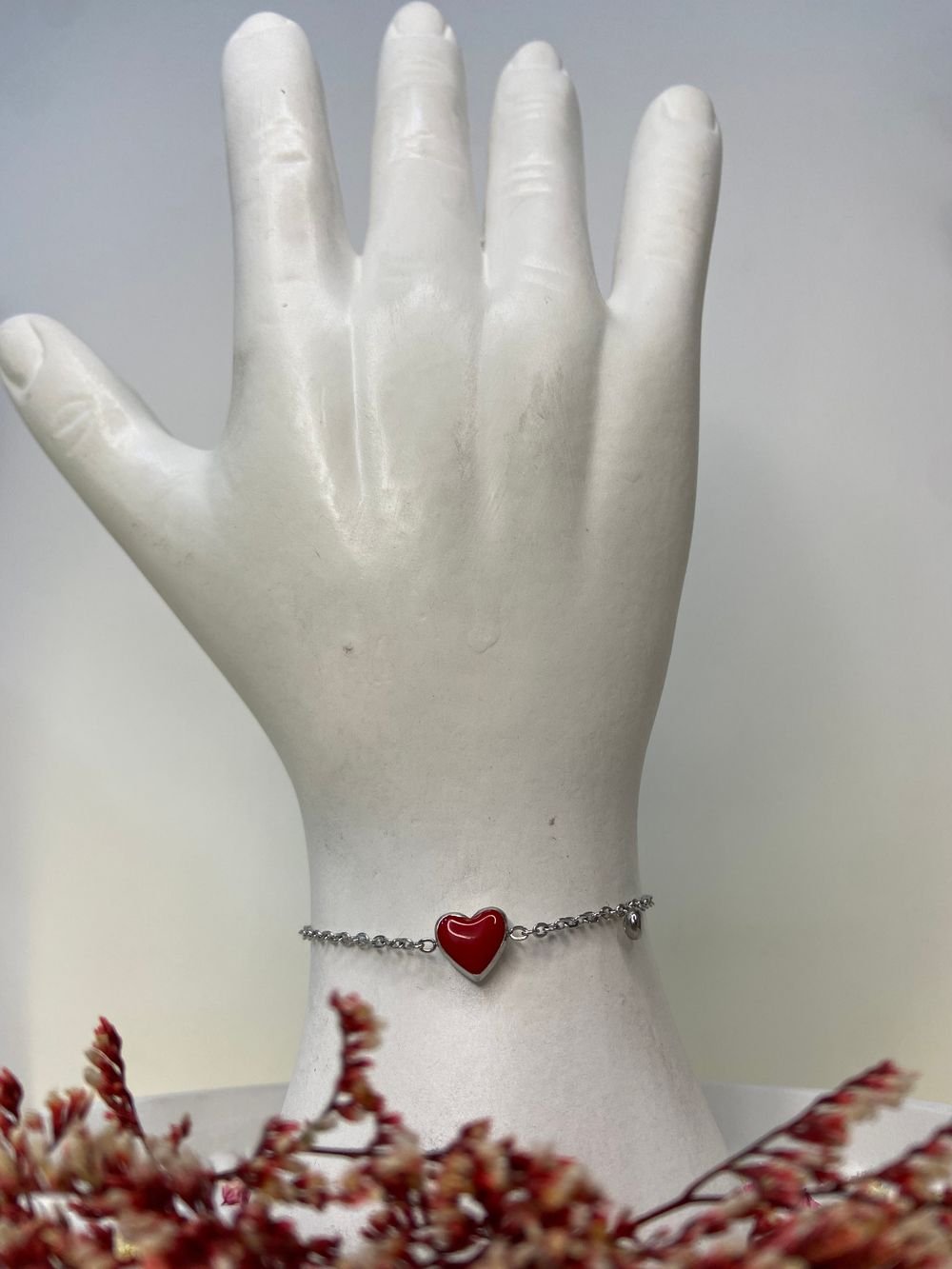 Pulsera Corazón Rojo Plateado en acero inoxidable