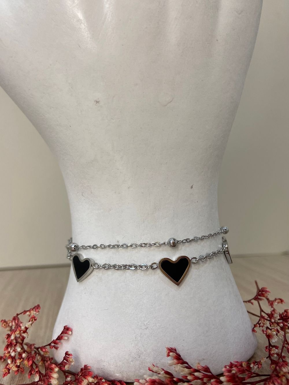 Pulsera Doble Corazón Negro en acero inoxidable