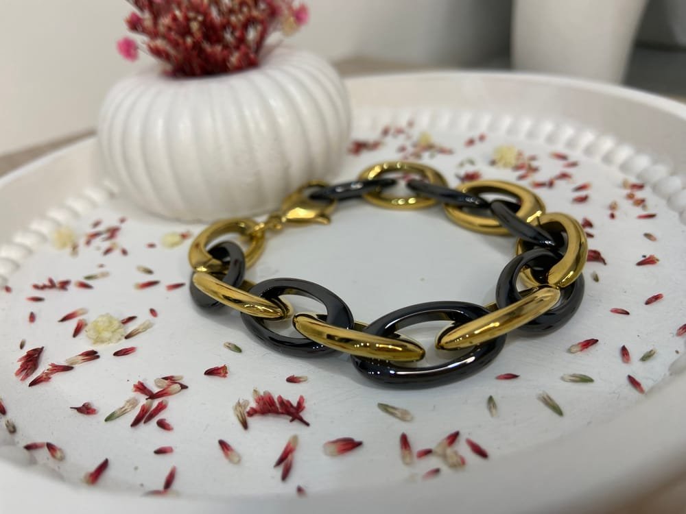 Pulsera Eslabones Ébano Dorado en acero inoxidable