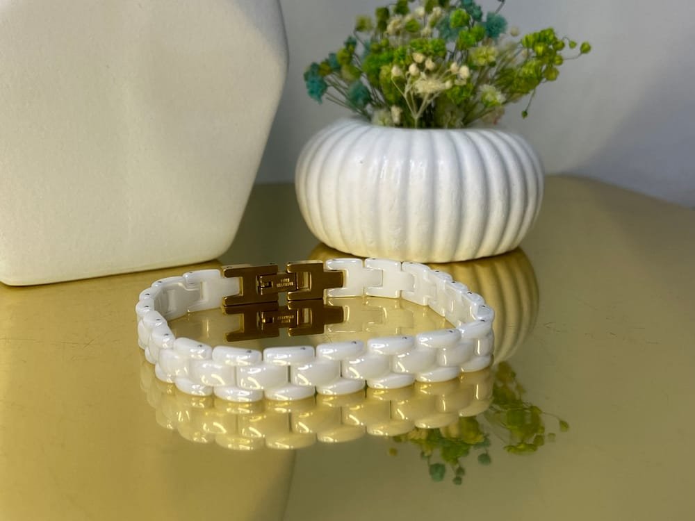 Pulsera Eslabones Ópalo Blanco en acero inoxidable