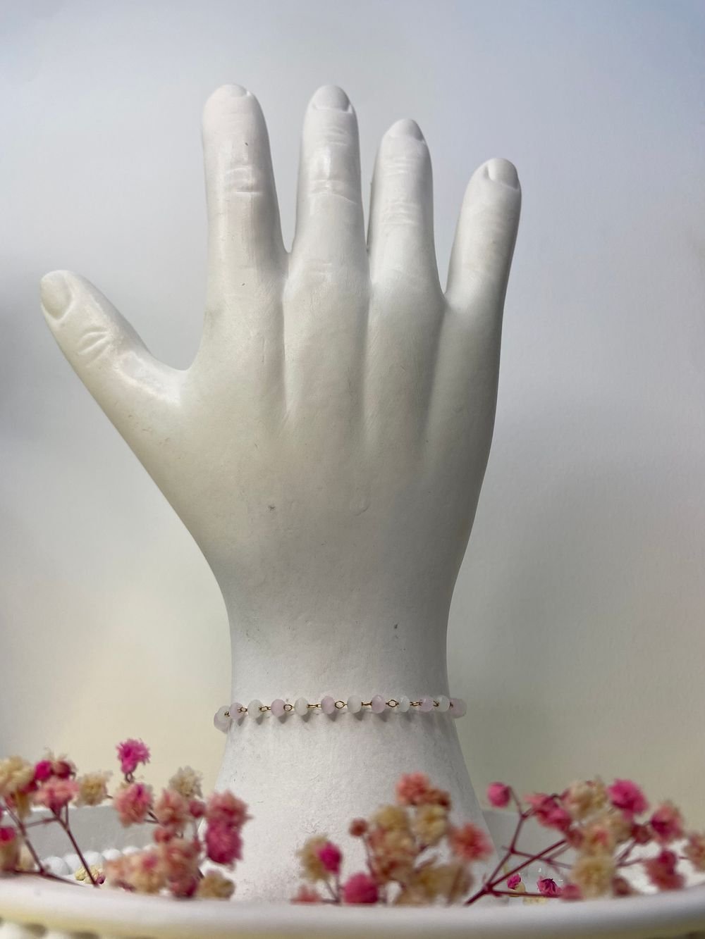 Pulsera Rosario Rosa Pálido en acero inoxidable